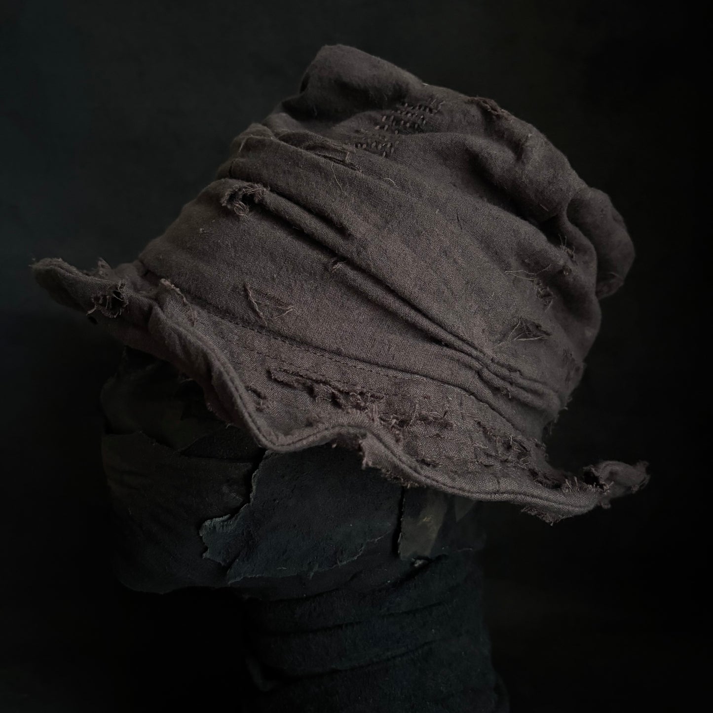 Brown thin cotton linen damage turn bucket hat