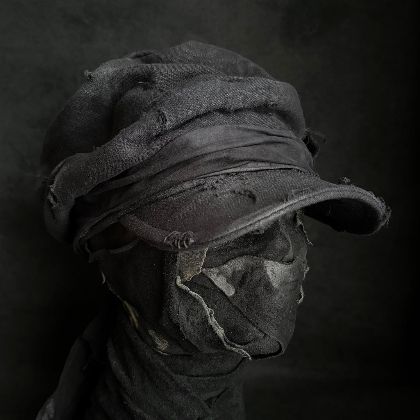 Black linen damage martial turn cap