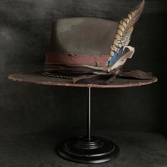 Dark brown flies away burned fedora hat