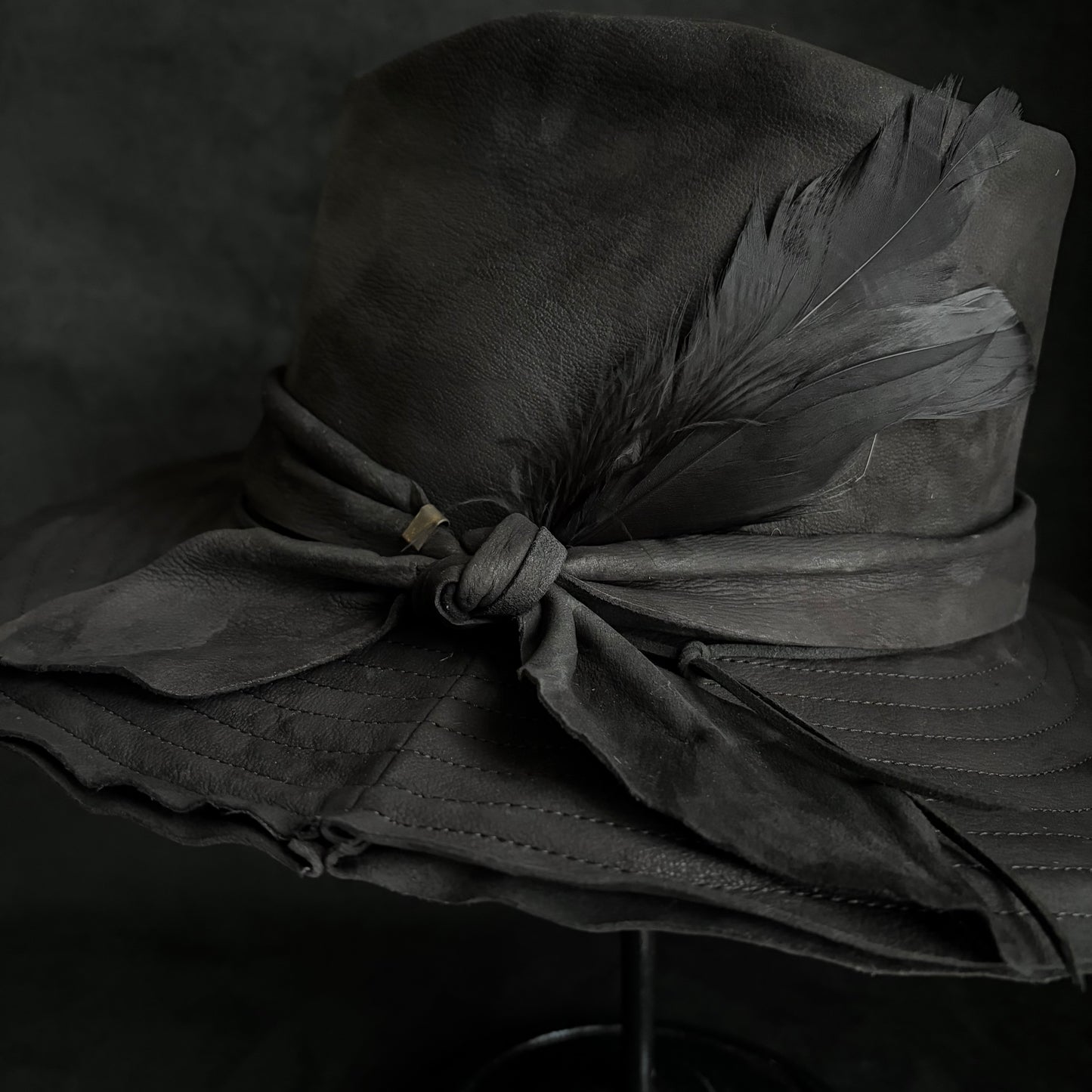 Black ash bleach leather fedora hat