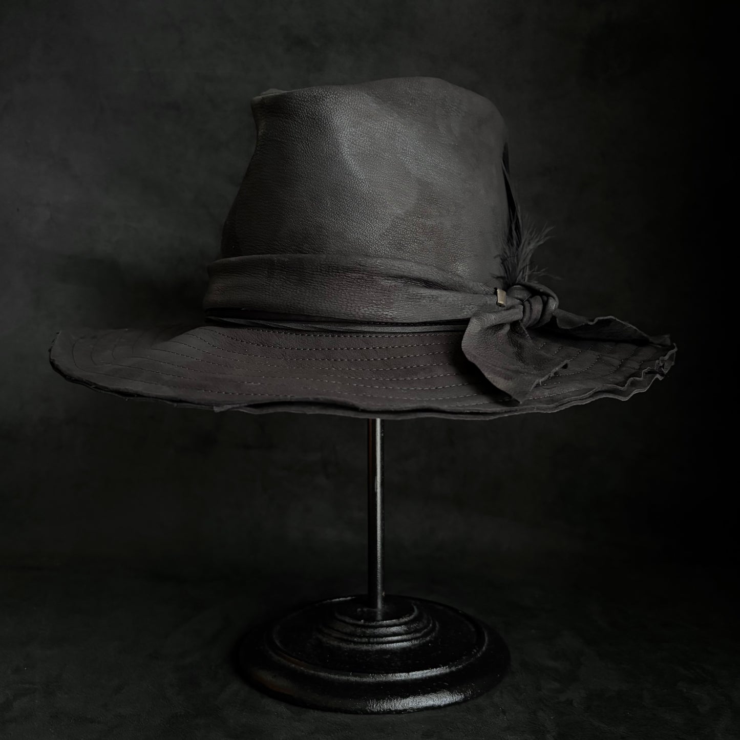 Black ash bleach leather fedora hat