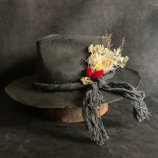 Charcoal  fedora hat   with spring dried flower