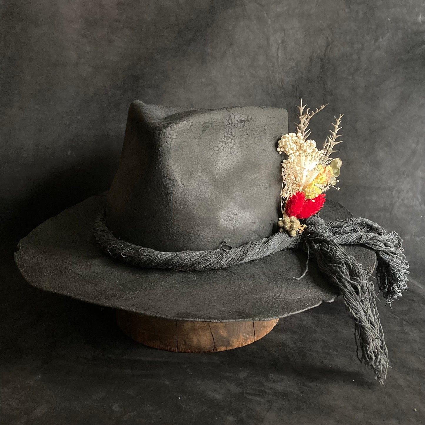 Charcoal  fedora hat   with spring dried flower