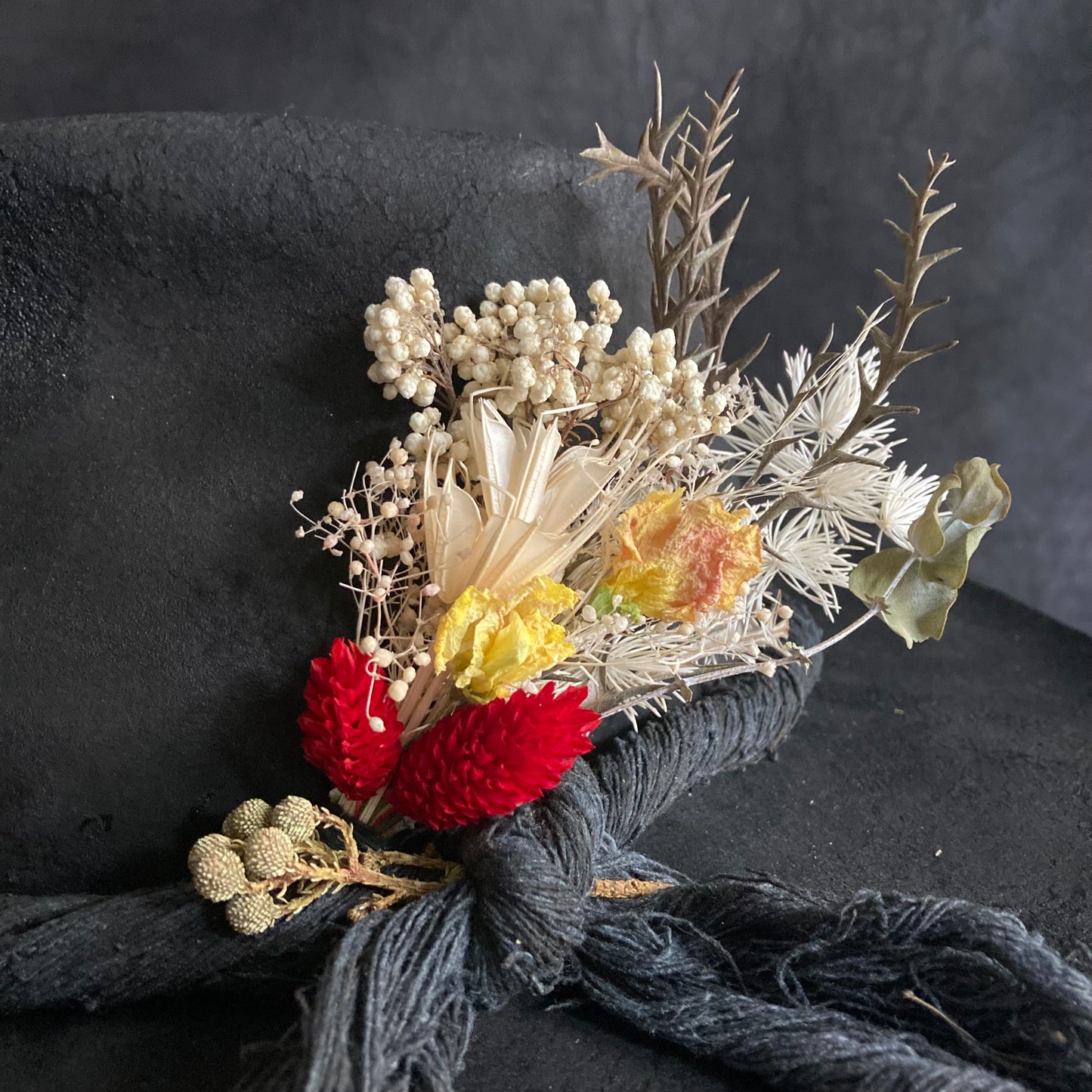 Charcoal  fedora hat   with spring dried flower