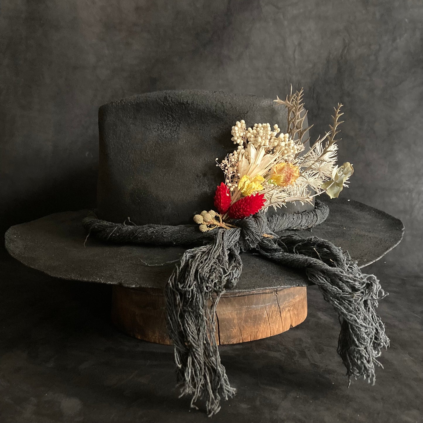 Charcoal  fedora hat   with spring dried flower