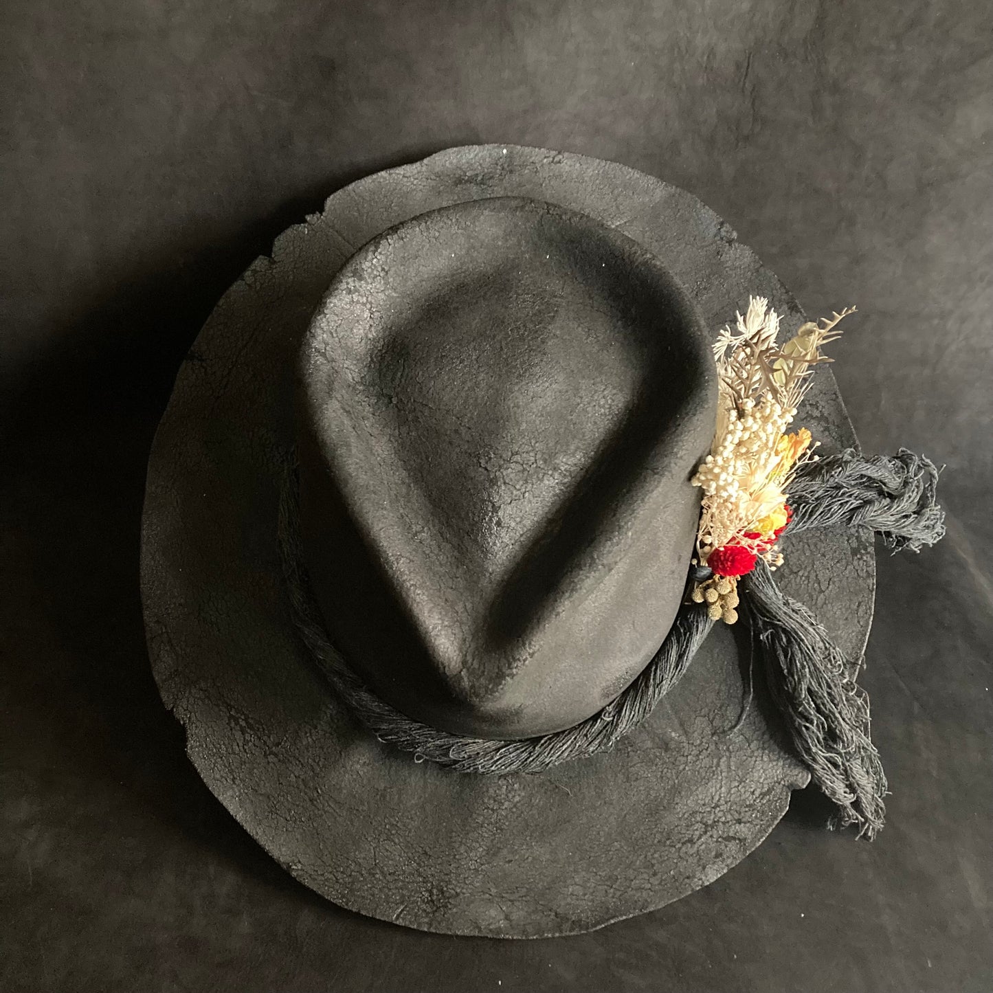 Charcoal  fedora hat   with spring dried flower