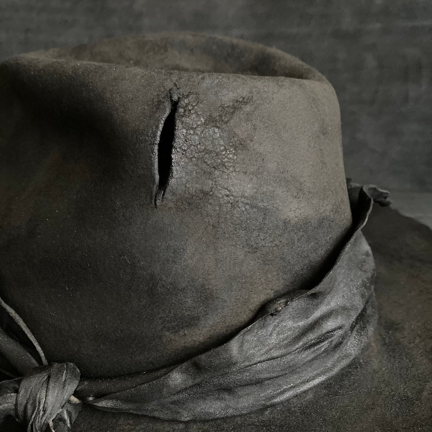 Charcoal burnt dark leather fedora hat