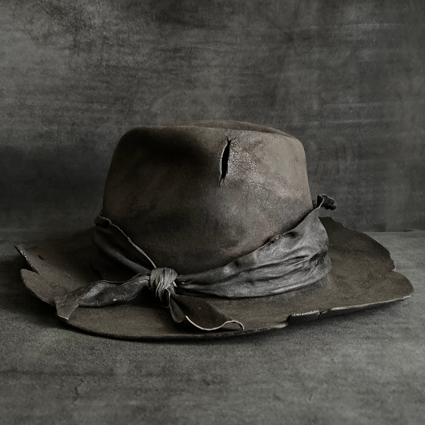 Charcoal burnt dark leather fedora hat