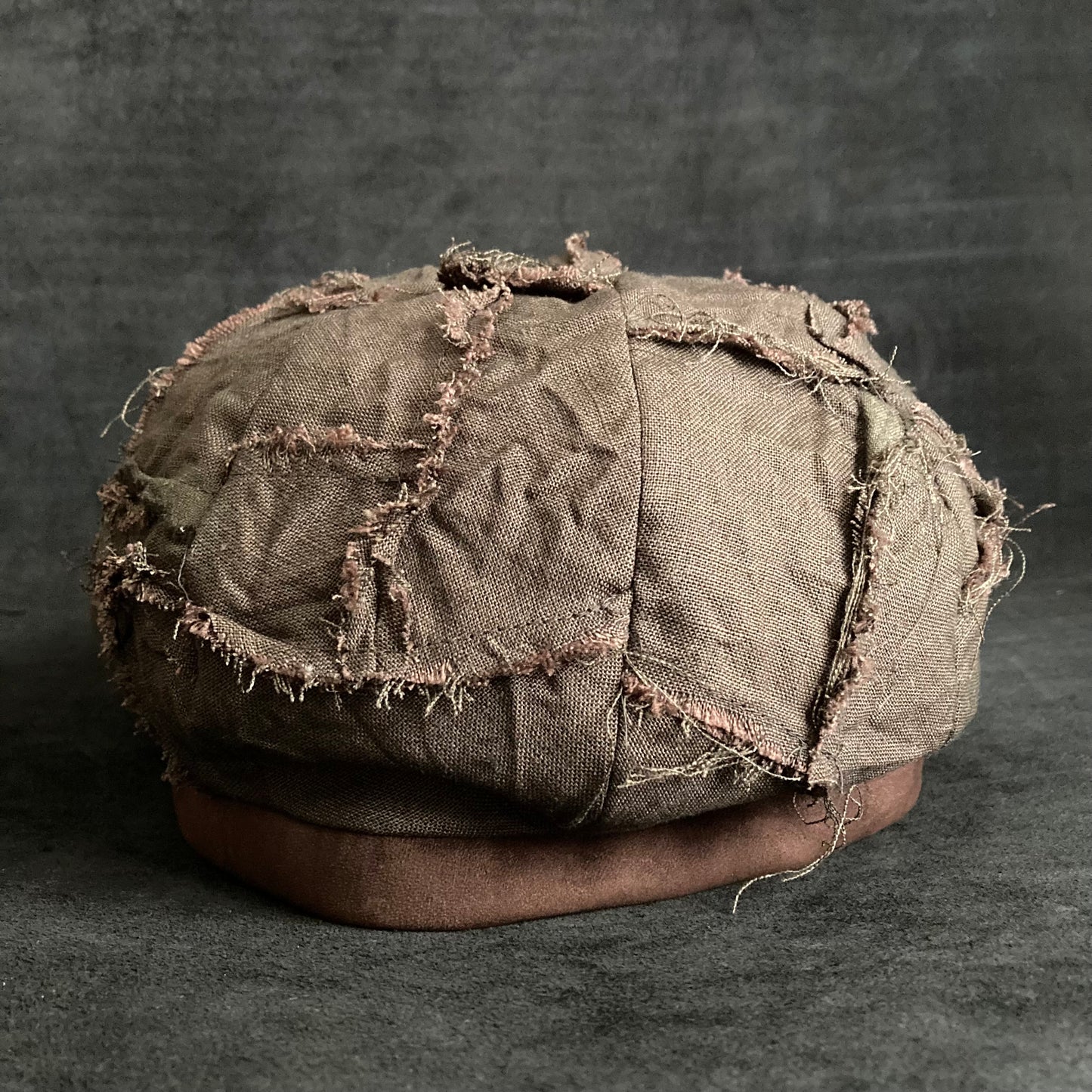 Brown khaki linen patchwork beret