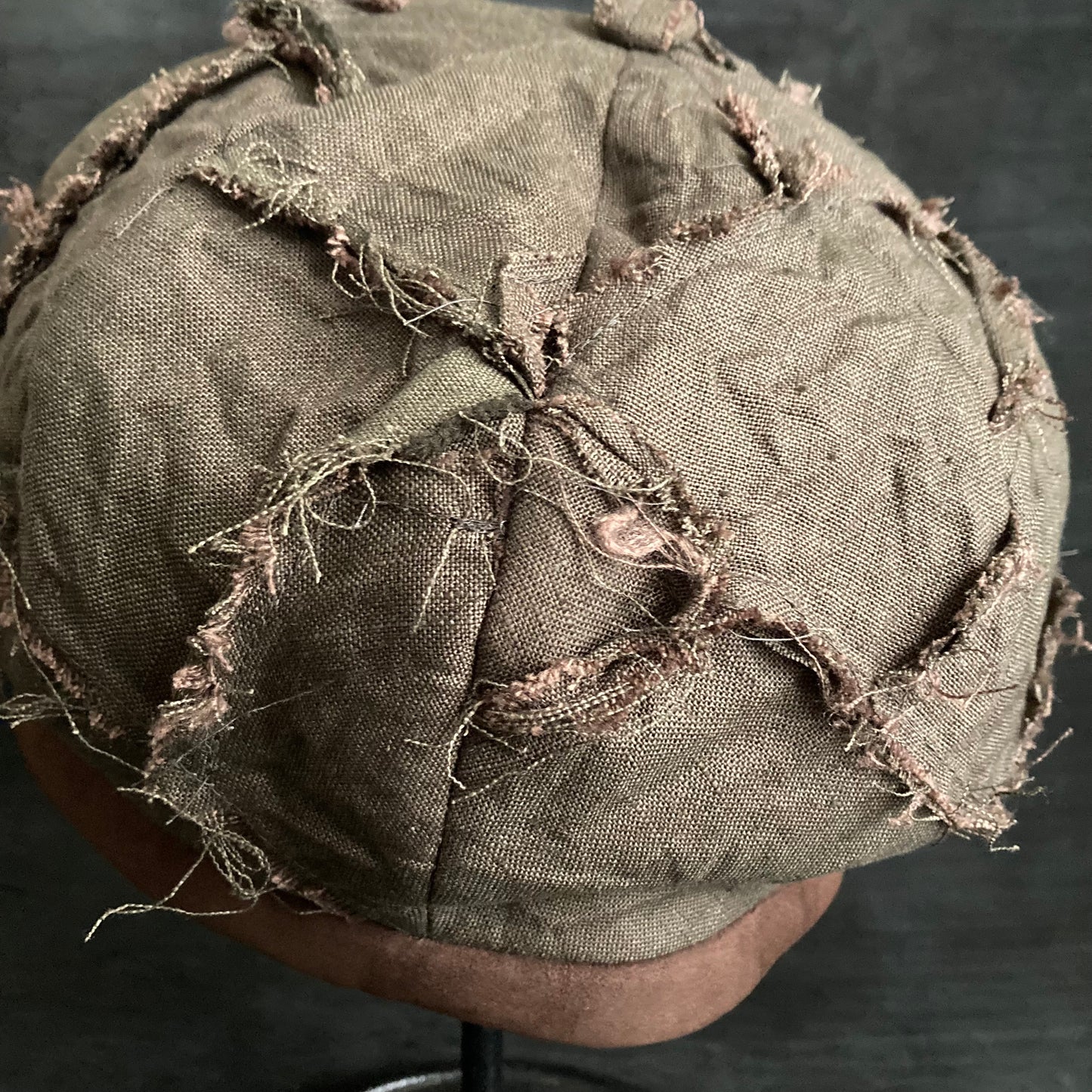 Brown khaki linen patchwork beret