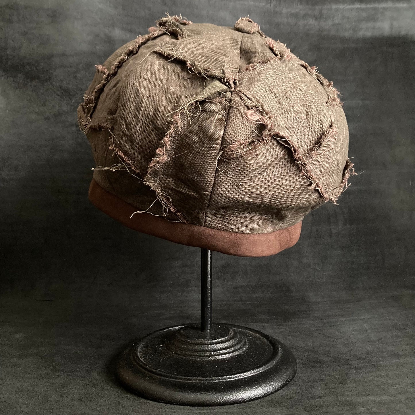 Brown khaki linen patchwork beret