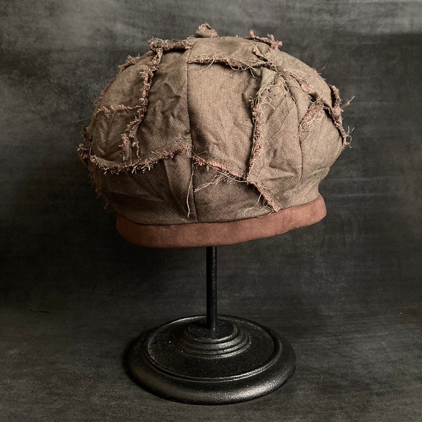 Brown khaki linen patchwork beret